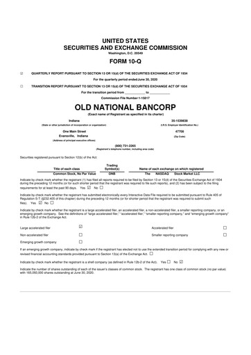Miniature Old National Bank
 10-Q Rapport trimestriel 2020 