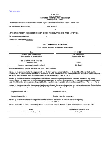 Thumbnail First Financial Bank
 10-Q Quarterly Report FY2015 