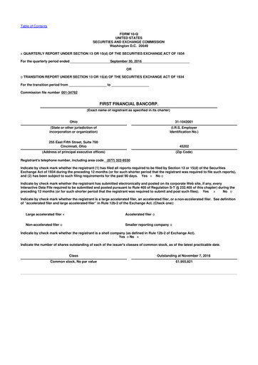 Thumbnail First Financial Bank
 10-Q Quarterly Report FY2016 