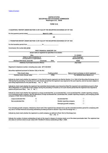 Thumbnail First Financial Bank
 10-Q Quarterly Report FY 