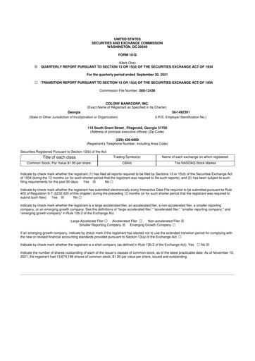 Thumbnail Colony Bankcorp 10-Q Quarterly Report FY2021 