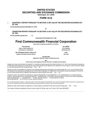 Thumbnail First Commonwealth Financial Corp 10-Q Quarterly Report FY2019 
