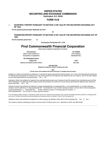 Thumbnail First Commonwealth Financial Corp 10-Q Quarterly Report FY2019 