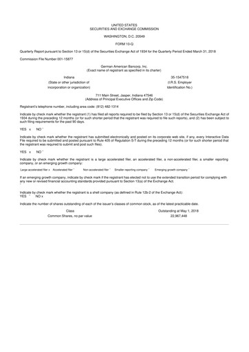 Thumbnail German American Bancorp 10-Q Quarterly Report FY2018 