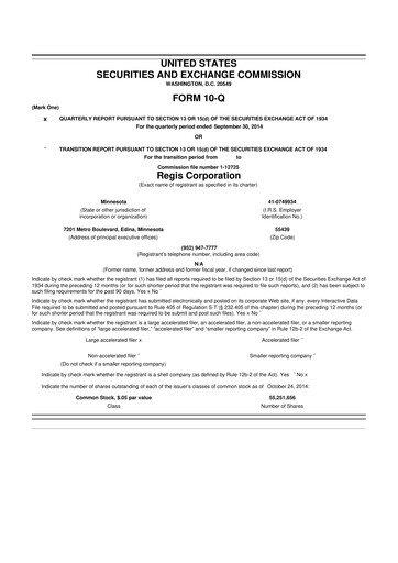 Thumbnail Regis Corporation
 10-Q Quarterly Report FY 