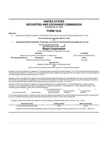 Thumbnail Regis Corporation
 10-Q Quarterly Report FY 
