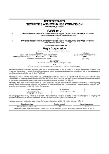 Thumbnail Regis Corporation
 10-Q Quarterly Report FY 