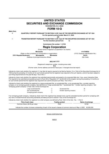 Thumbnail Regis Corporation
 10-Q Quarterly Report FY 