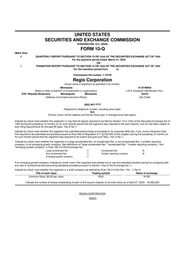 Thumbnail Regis Corporation
 10-Q Quarterly Report FY 
