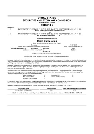 Thumbnail Regis Corporation
 10-Q Quarterly Report FY 