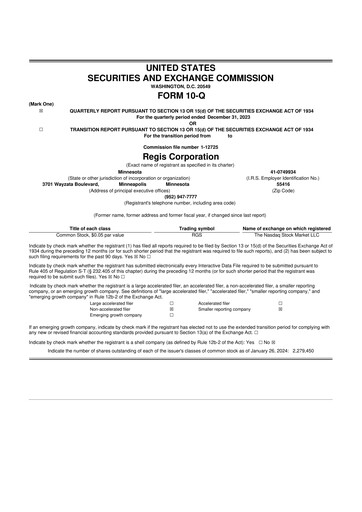Thumbnail Regis Corporation
 10-Q Quarterly Report FY 