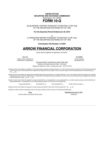 Thumbnail Arrow Financial 10-Q Quarterly Report FY2015 