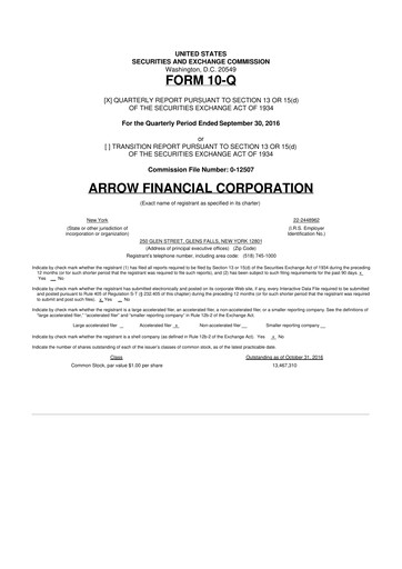 Thumbnail Arrow Financial 10-Q Quarterly Report FY2016 