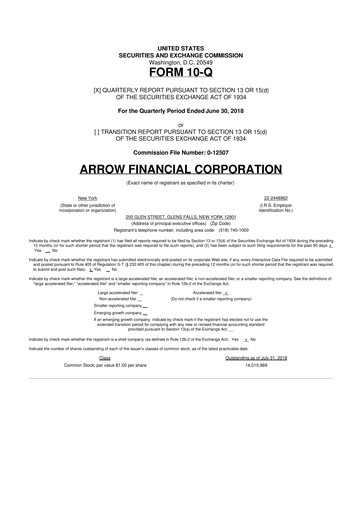 Thumbnail Arrow Financial 10-Q Quarterly Report FY2018 