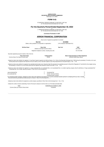 Thumbnail Arrow Financial 10-Q Quarterly Report FY2022 