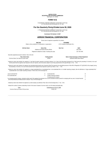 Thumbnail Arrow Financial 10-Q Quarterly Report FY2026 