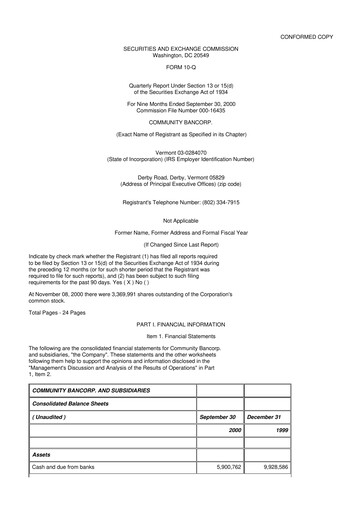 Thumbnail Community Bancorp 10-Q Quarterly Report FY 