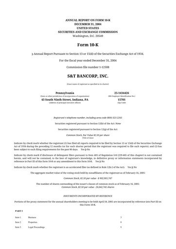 Thumbnail S&T Bancorp 10-K Annual Report 