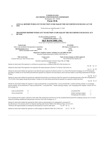 Thumbnail S&T Bancorp 10-K Annual Report 2020