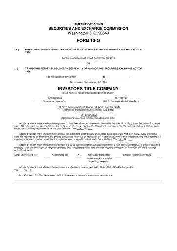 Thumbnail Investors Title Company
 10-Q Quarterly Report FY2014 