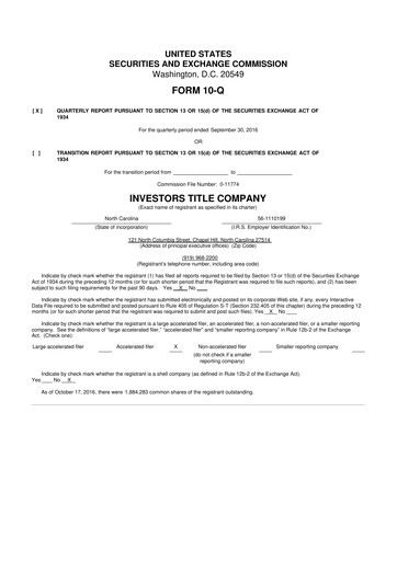 Thumbnail Investors Title Company
 10-Q Quarterly Report FY2016 