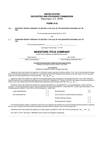 Thumbnail Investors Title Company
 10-Q Quarterly Report FY2017 