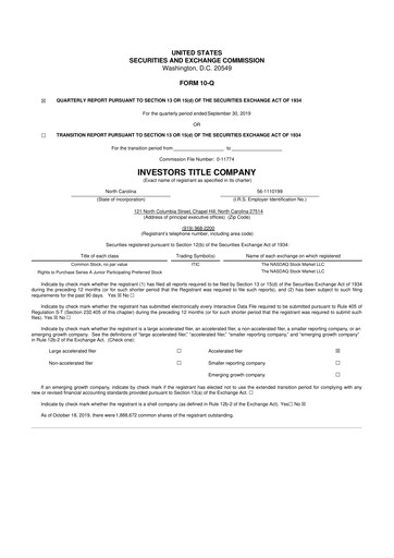 Thumbnail Investors Title Company
 10-Q Quarterly Report FY2019 