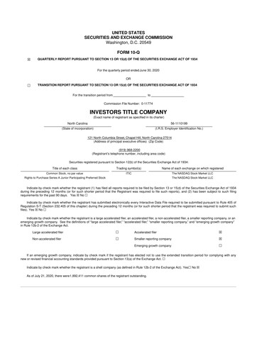 Thumbnail Investors Title Company
 10-Q Quarterly Report FY2020 