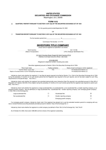Thumbnail Investors Title Company
 10-Q Quarterly Report FY2022 