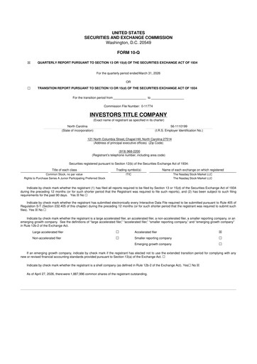 Thumbnail Investors Title Company
 10-Q Quarterly Report FY 