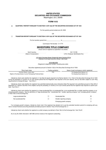 Thumbnail Investors Title Company
 10-Q Quarterly Report FY2026 