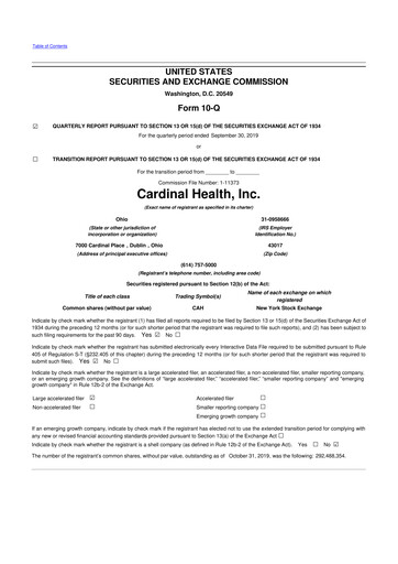 Thumbnail Cardinal Health 10-Q Quarterly Report FY 