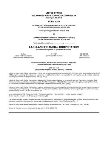 Thumbnail Lakeland Financial Corp 10-Q Quarterly Report FY2018 