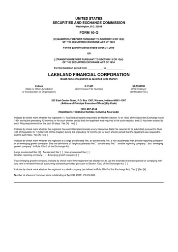 Thumbnail Lakeland Financial Corp 10-Q Quarterly Report FY2019 
