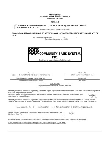 Thumbnail Community Financial System 10-Q Quarterly Report FY 