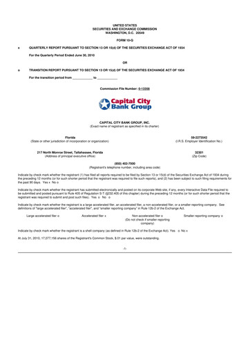 Thumbnail Capital City Bank Group
 10-Q Quarterly Report FY 