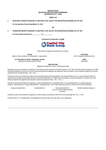 Thumbnail Capital City Bank Group
 10-Q Quarterly Report FY2012 