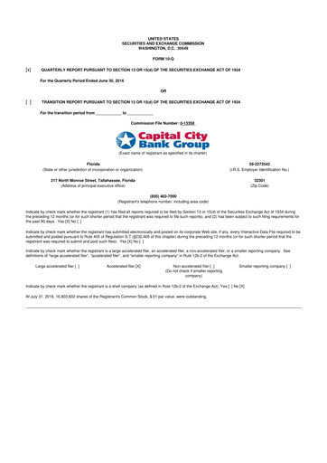 Thumbnail Capital City Bank Group
 10-Q Quarterly Report FY2016 