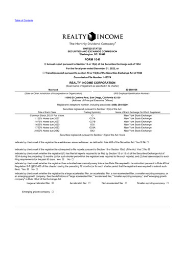 Thumbnail Realty Income 10-K Annual Report 2022