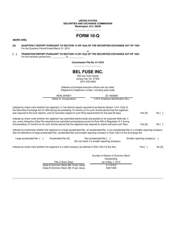 Miniature Bel Fuse 10-Q Rapport trimestriel 2012 