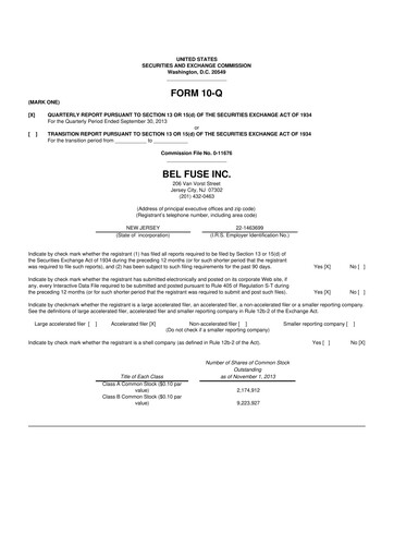 Miniature Bel Fuse 10-Q Rapport trimestriel 2013 