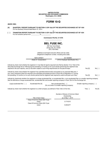 Miniature Bel Fuse 10-Q Rapport trimestriel 2014 