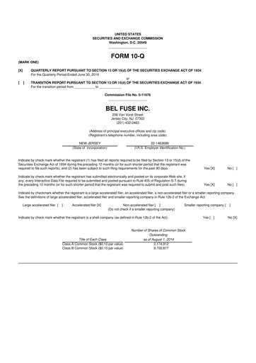 Miniature Bel Fuse 10-Q Rapport trimestriel 2014 