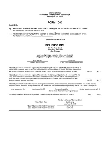 Miniature Bel Fuse 10-Q Rapport trimestriel 2016 