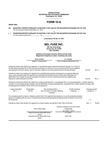 Miniature Bel Fuse 10-Q Rapport trimestriel 2018 