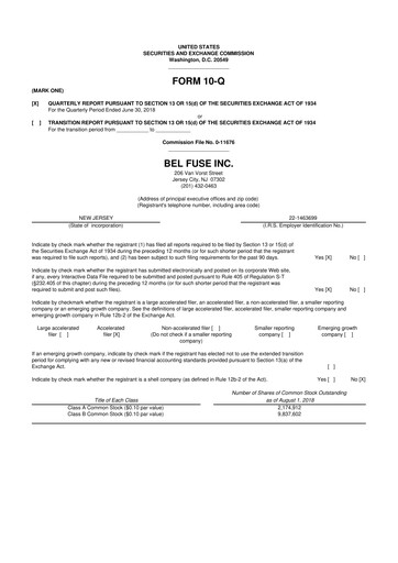 Miniature Bel Fuse 10-Q Rapport trimestriel 2018 