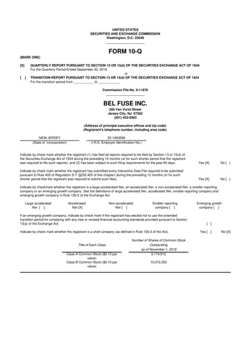 Miniature Bel Fuse 10-Q Rapport trimestriel 2018 