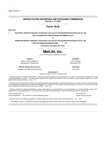 Thumbnail MetLife 10-Q Quarterly Report FY2013 