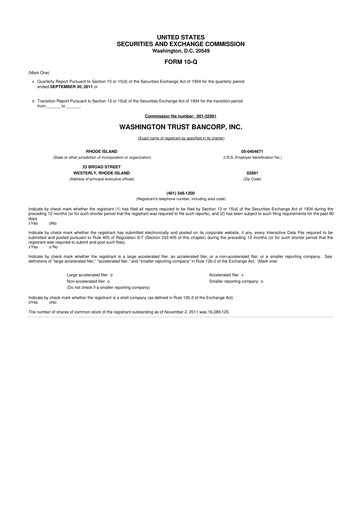 Thumbnail Washington Trust Bancorp 10-Q Quarterly Report FY2011 