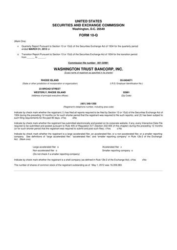 Thumbnail Washington Trust Bancorp 10-Q Quarterly Report FY 